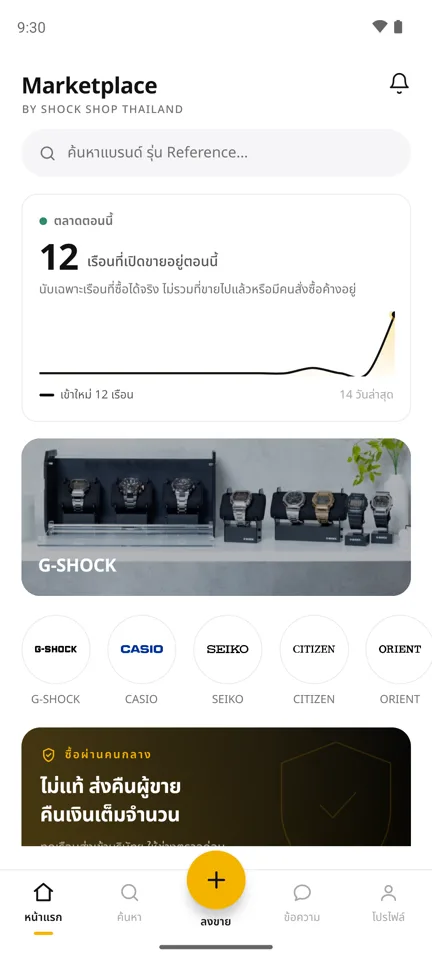 หน้าแรกของแอปตลาดกลางนาฬิกา